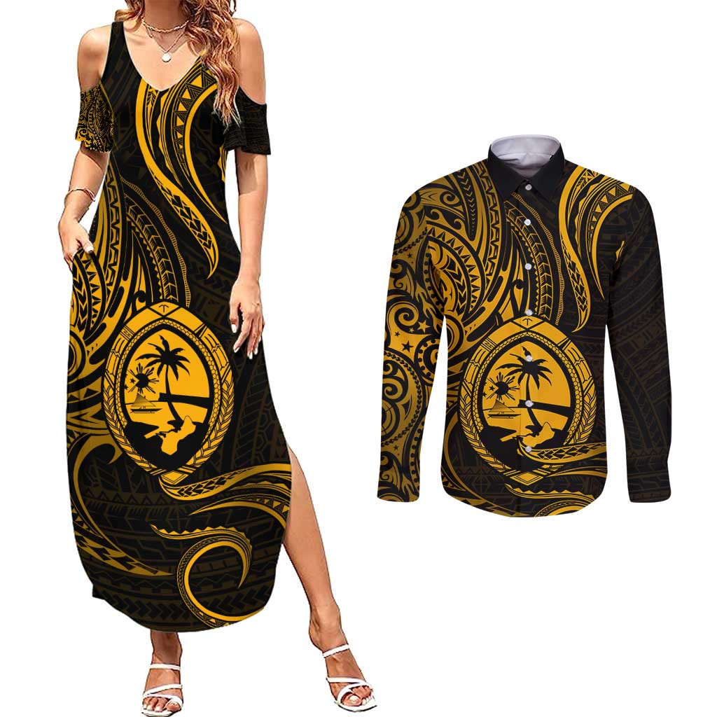 Polynesian Guam Coat of Arms Couples Matching Summer Maxi Dress and Long Sleeve Button Shirt Polynesian Tribal Tattoo Gold Version