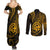 Polynesian Guam Coat of Arms Couples Matching Summer Maxi Dress and Long Sleeve Button Shirt Polynesian Tribal Tattoo Gold Version