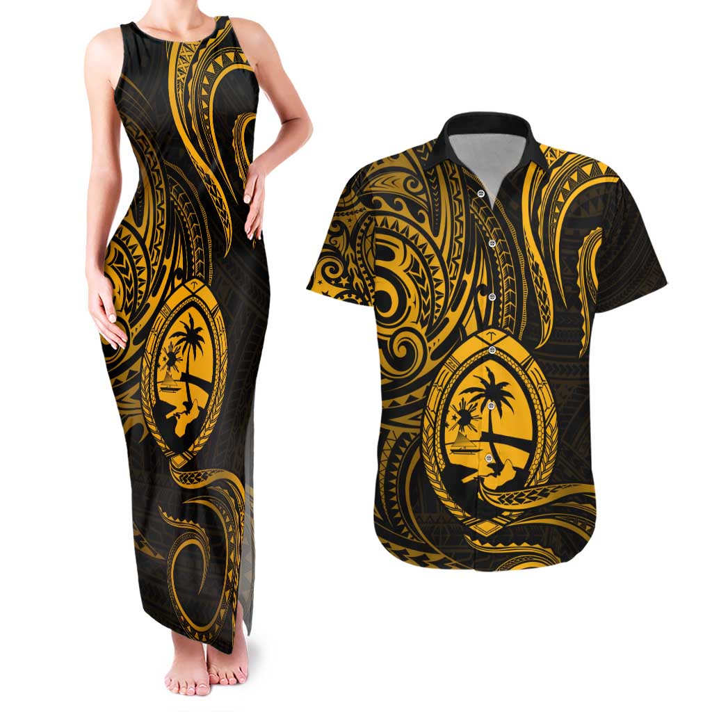 Polynesian Guam Coat of Arms Couples Matching Tank Maxi Dress and Hawaiian Shirt Polynesian Tribal Tattoo Gold Version