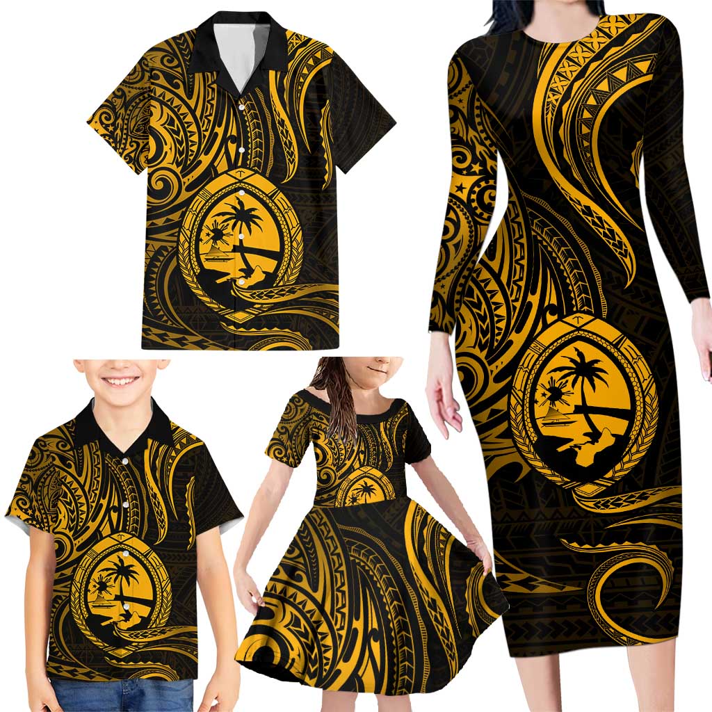 Polynesian Guam Coat of Arms Family Matching Long Sleeve Bodycon Dress and Hawaiian Shirt Polynesian Tribal Tattoo Gold Version