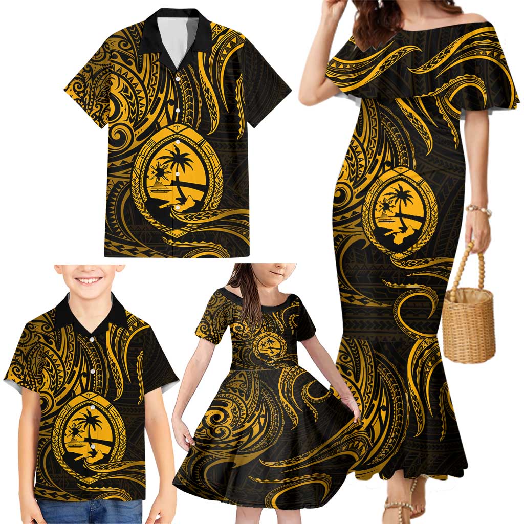 Polynesian Guam Coat of Arms Family Matching Mermaid Dress and Hawaiian Shirt Polynesian Tribal Tattoo Gold Version