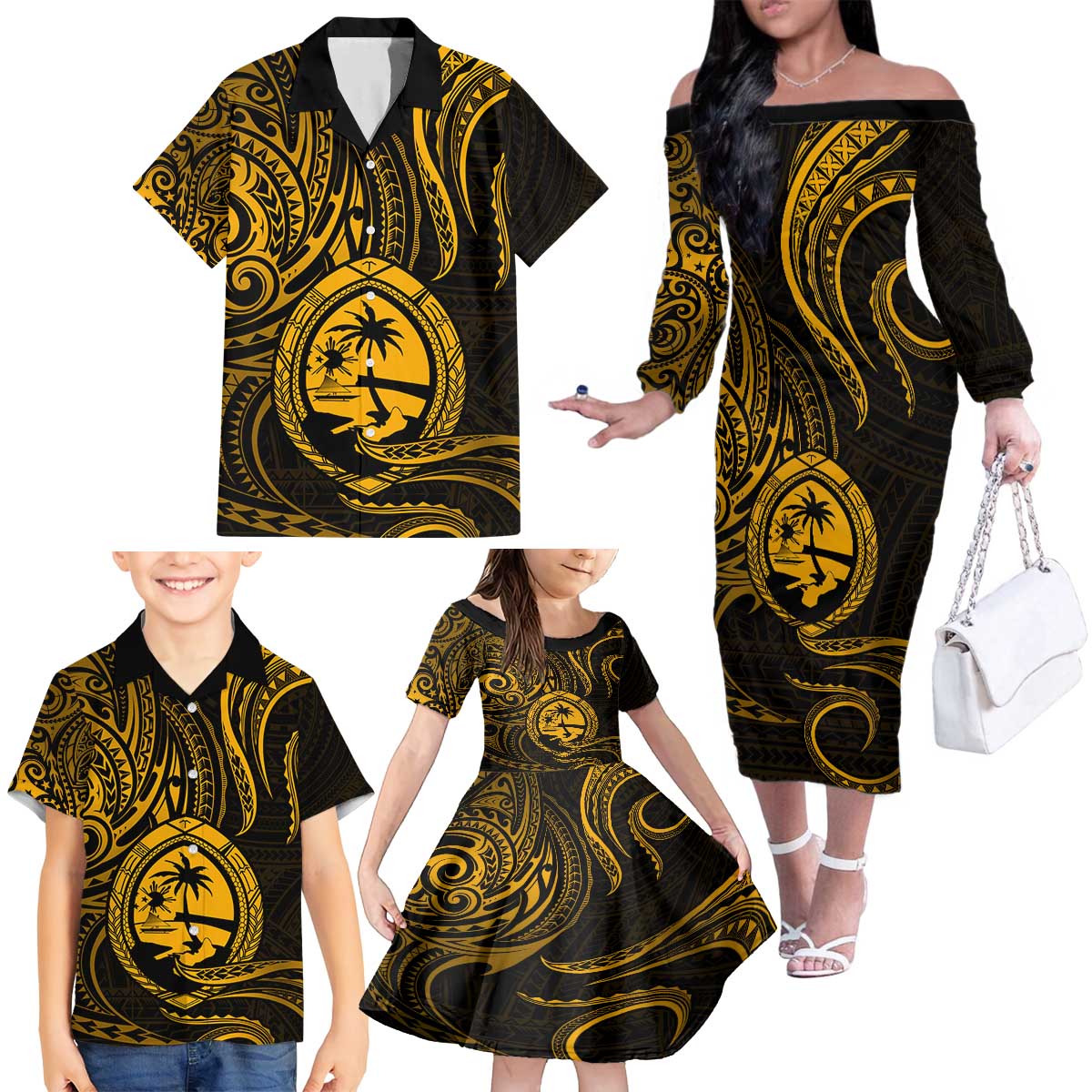 Polynesian Guam Coat of Arms Family Matching Off The Shoulder Long Sleeve Dress and Hawaiian Shirt Polynesian Tribal Tattoo Gold Version LT9 - Polynesian Pride