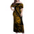 Polynesian Guam Coat of Arms Family Matching Off Shoulder Maxi Dress and Hawaiian Shirt Polynesian Tribal Tattoo Gold Version