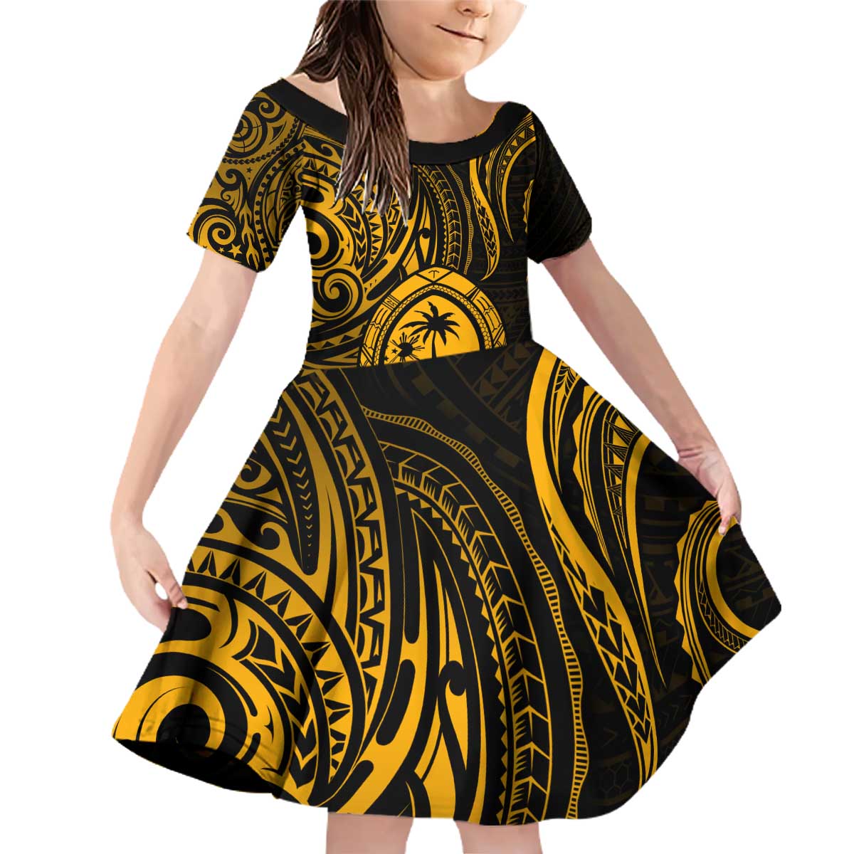 Polynesian Guam Coat of Arms Family Matching Off Shoulder Short Dress and Hawaiian Shirt Polynesian Tribal Tattoo Gold Version