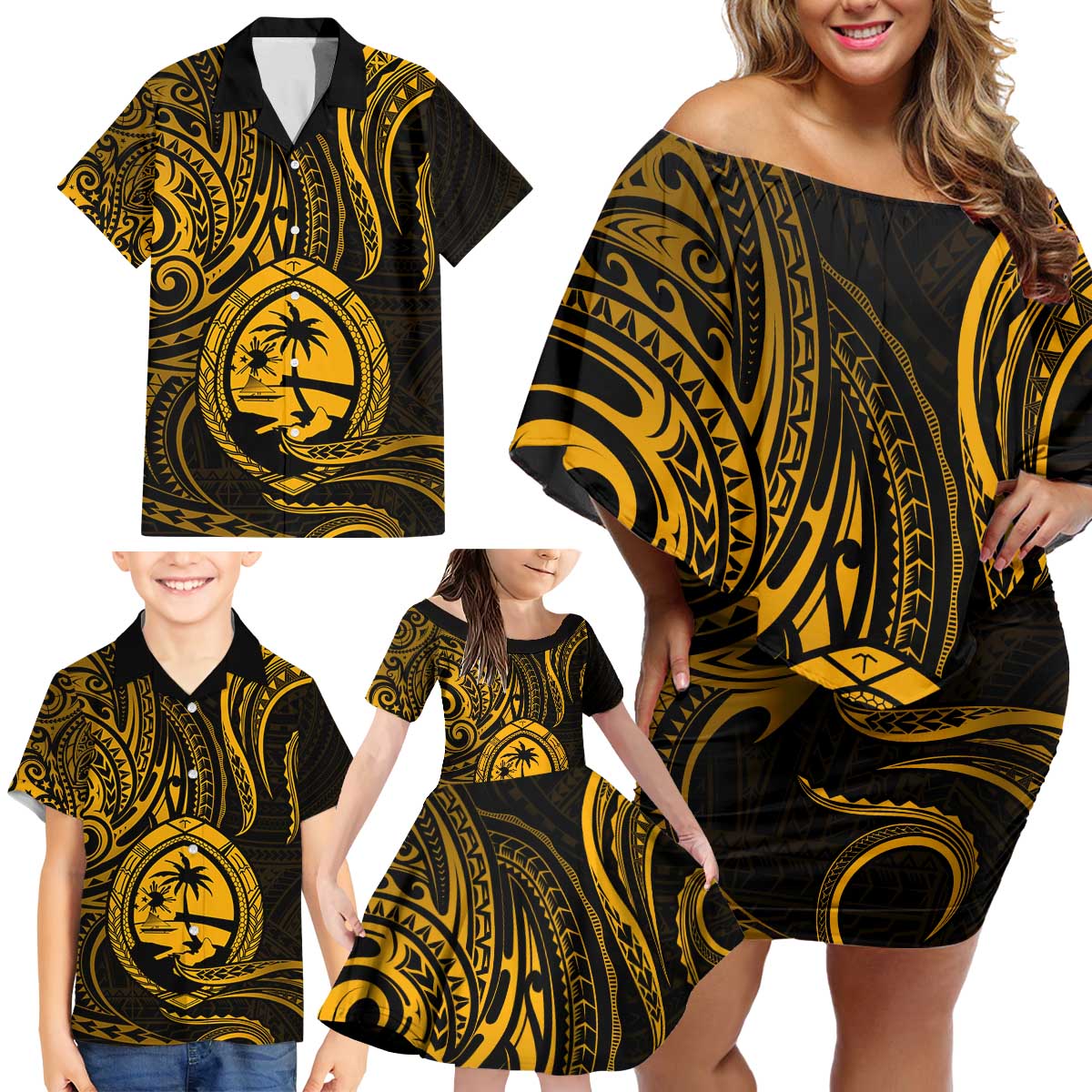 Polynesian Guam Coat of Arms Family Matching Off Shoulder Short Dress and Hawaiian Shirt Polynesian Tribal Tattoo Gold Version