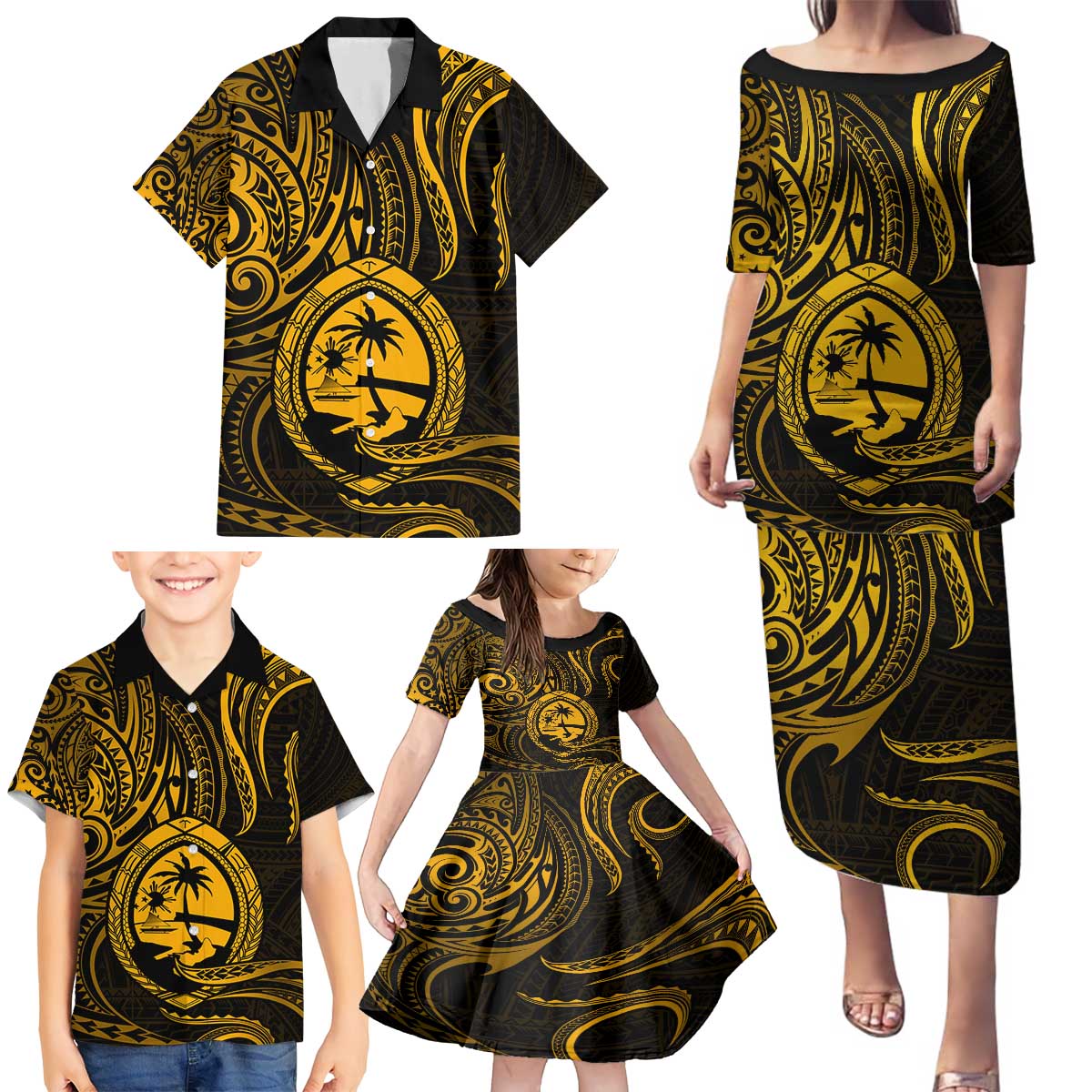 Polynesian Guam Coat of Arms Family Matching Puletasi and Hawaiian Shirt Polynesian Tribal Tattoo Gold Version LT9 - Polynesian Pride