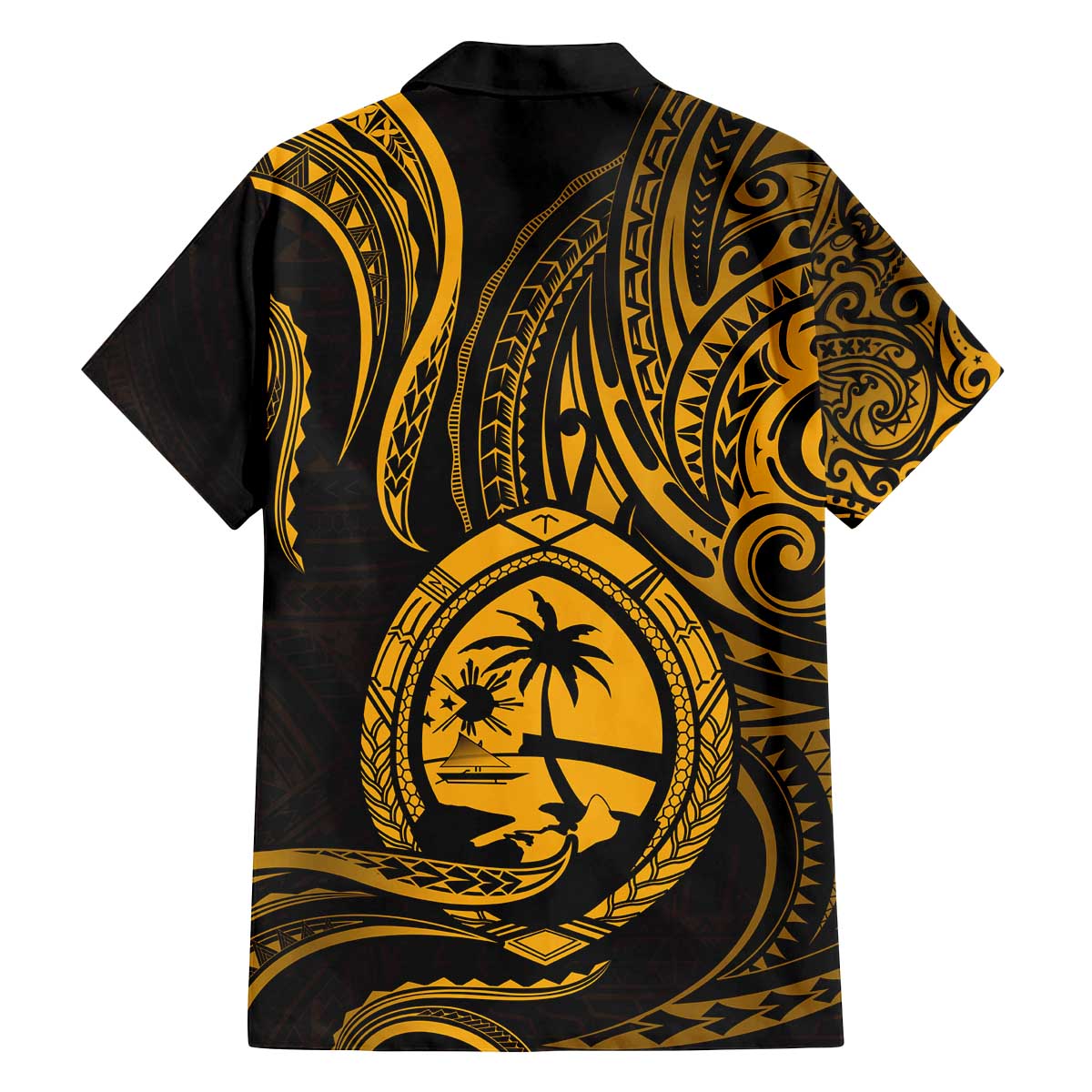Polynesian Guam Coat of Arms Family Matching Puletasi and Hawaiian Shirt Polynesian Tribal Tattoo Gold Version