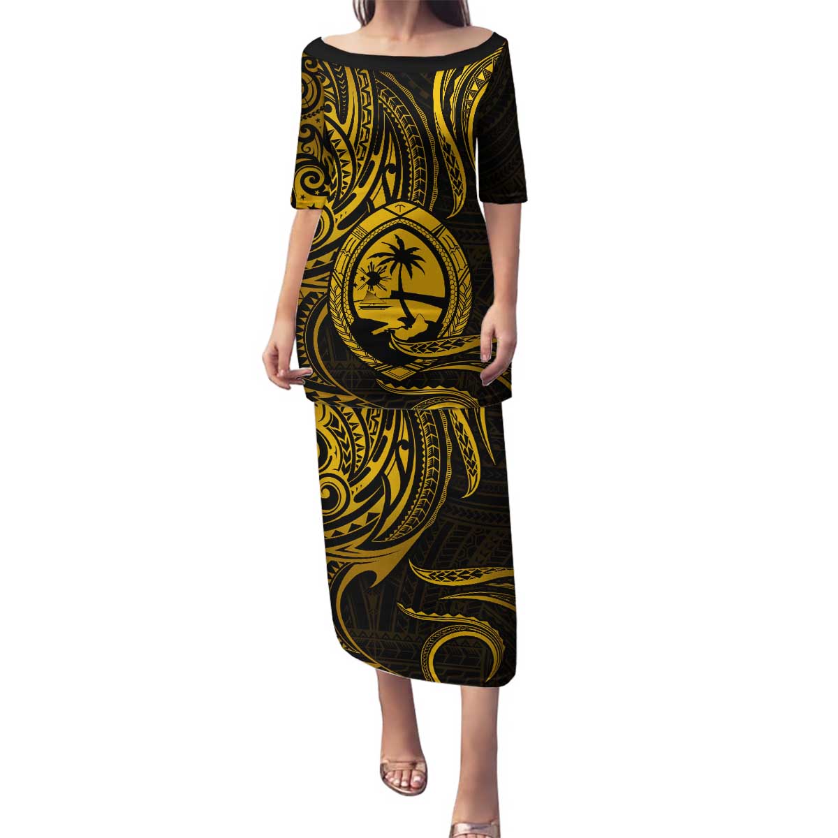 Polynesian Guam Coat of Arms Family Matching Puletasi and Hawaiian Shirt Polynesian Tribal Tattoo Gold Version