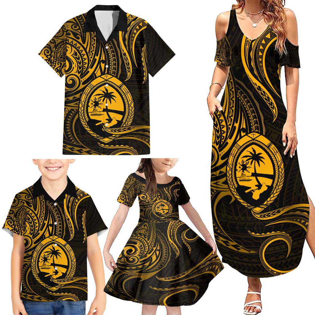 Polynesian Guam Coat of Arms Family Matching Summer Maxi Dress and Hawaiian Shirt Polynesian Tribal Tattoo Gold Version