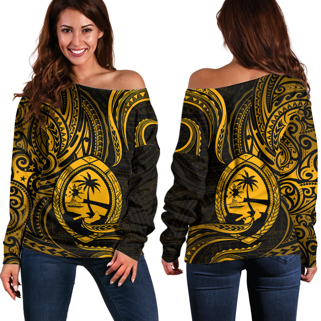 Polynesian Pride Guam Off Shoulder Sweater With Polynesian Tribal Tattoo and Coat of Arms Gold Version LT9 Women Gold - Polynesian Pride