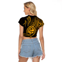 Polynesian Pride Guam Raglan Cropped T Shirt With Polynesian Tribal Tattoo and Coat of Arms Gold Version LT9 - Polynesian Pride