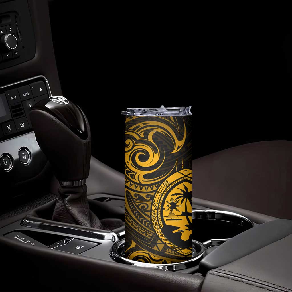 Polynesian Guam Coat of Arms Skinny Tumbler Polynesian Tribal Tattoo Gold Version