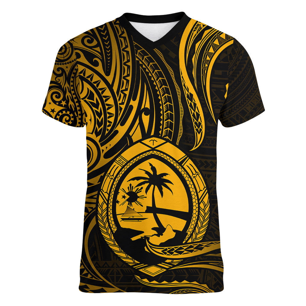 Polynesian Pride Guam Women V Neck T Shirt With Polynesian Tribal Tattoo and Coat of Arms Gold Version LT9 - Polynesian Pride