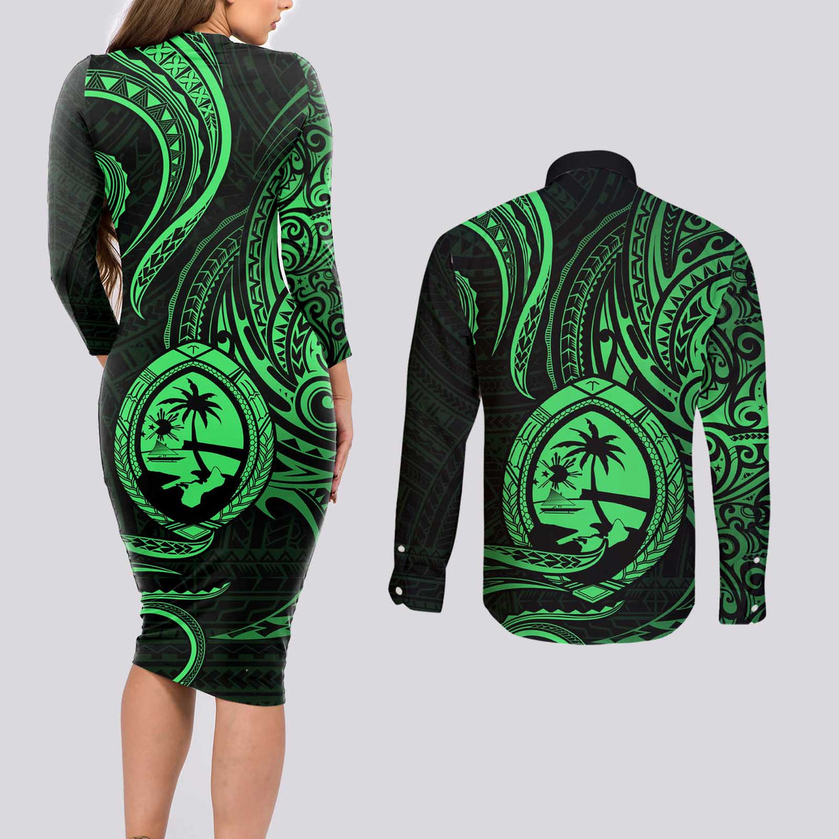 Polynesian Guam Coat of Arms Couples Matching Long Sleeve Bodycon Dress and Long Sleeve Button Shirt Polynesian Tribal Tattoo Green Version