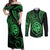 Polynesian Guam Coat of Arms Couples Matching Off Shoulder Maxi Dress and Long Sleeve Button Shirt Polynesian Tribal Tattoo Green Version