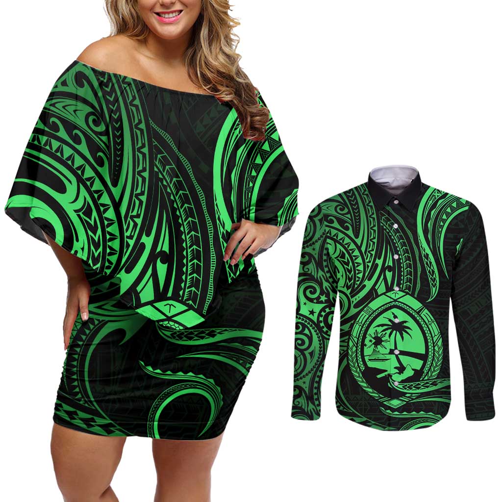 Polynesian Guam Coat of Arms Couples Matching Off Shoulder Short Dress and Long Sleeve Button Shirt Polynesian Tribal Tattoo Green Version