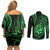 Polynesian Guam Coat of Arms Couples Matching Off Shoulder Short Dress and Long Sleeve Button Shirt Polynesian Tribal Tattoo Green Version