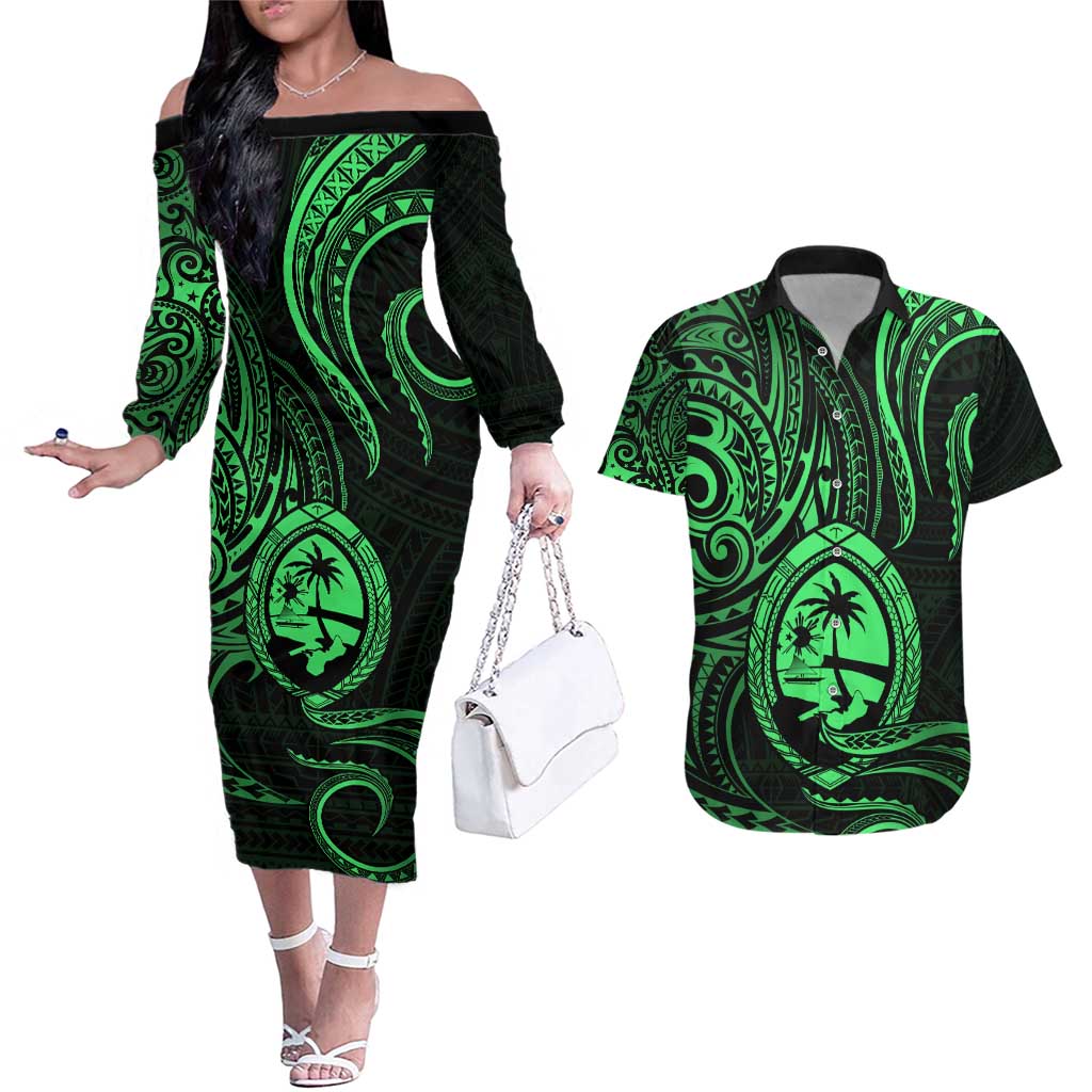 Polynesian Guam Coat of Arms Couples Matching Off The Shoulder Long Sleeve Dress and Hawaiian Shirt Polynesian Tribal Tattoo Green Version