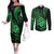 Polynesian Guam Coat of Arms Couples Matching Off The Shoulder Long Sleeve Dress and Long Sleeve Button Shirt Polynesian Tribal Tattoo Green Version