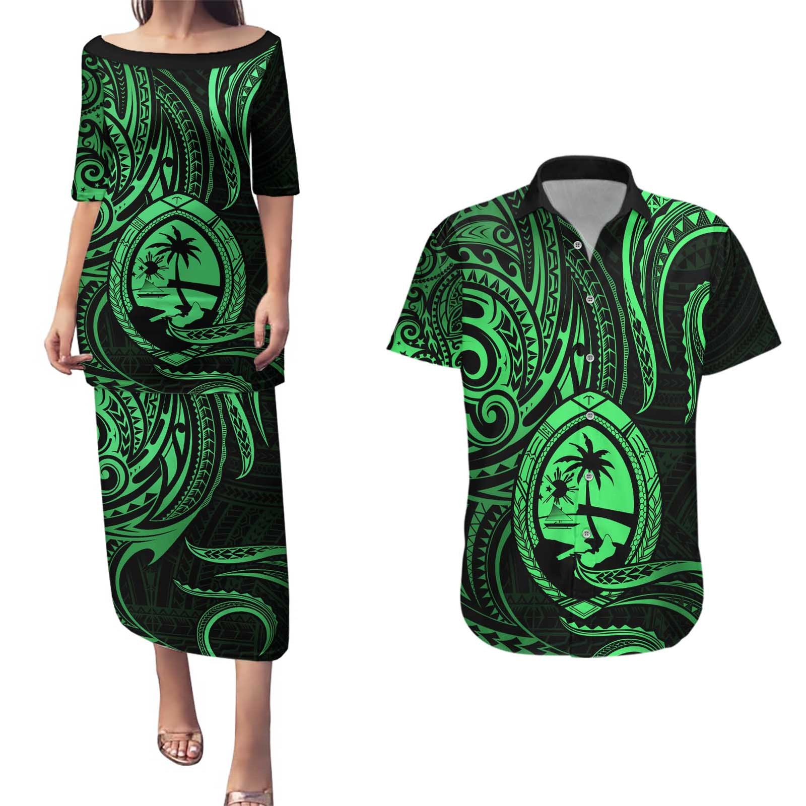 Polynesian Guam Coat of Arms Couples Matching Puletasi and Hawaiian Shirt Polynesian Tribal Tattoo Green Version LT9 Green - Polynesian Pride