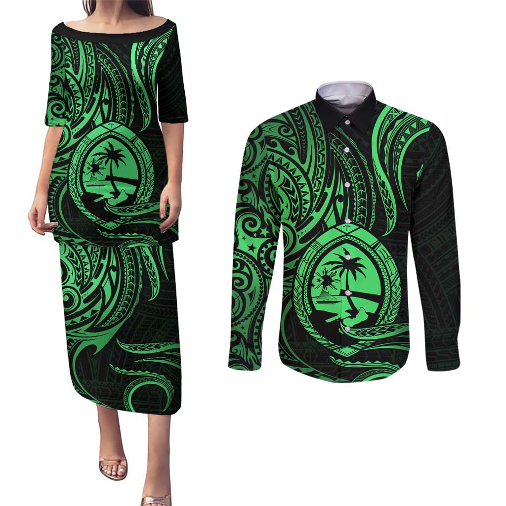 Polynesian Guam Coat of Arms Couples Matching Puletasi and Long Sleeve Button Shirt Polynesian Tribal Tattoo Green Version