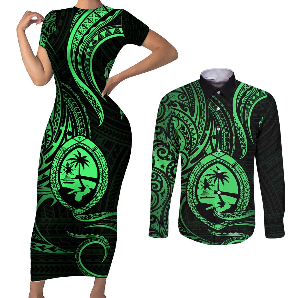 Polynesian Guam Coat of Arms Couples Matching Short Sleeve Bodycon Dress and Long Sleeve Button Shirt Polynesian Tribal Tattoo Green Version LT9 Green - Polynesian Pride