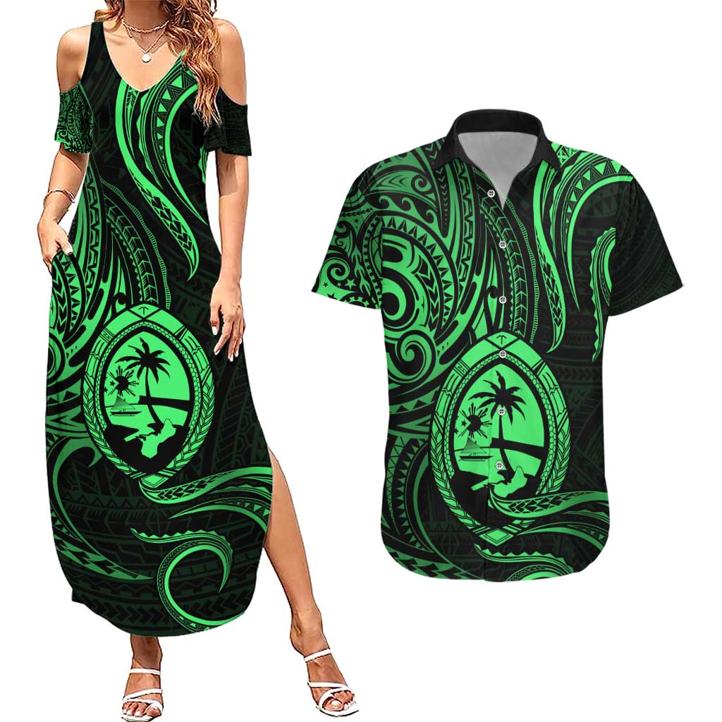 Polynesian Guam Coat of Arms Couples Matching Summer Maxi Dress and Hawaiian Shirt Polynesian Tribal Tattoo Green Version