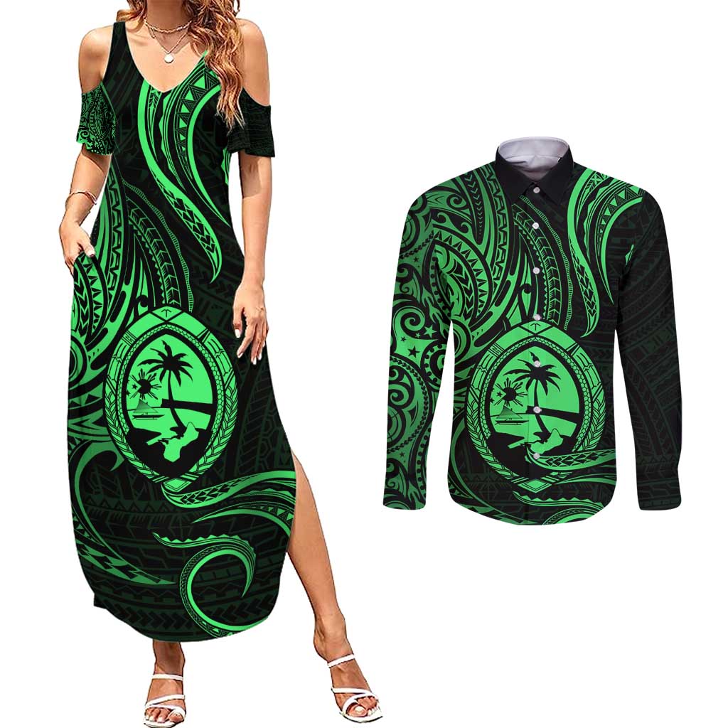 Polynesian Guam Coat of Arms Couples Matching Summer Maxi Dress and Long Sleeve Button Shirt Polynesian Tribal Tattoo Green Version