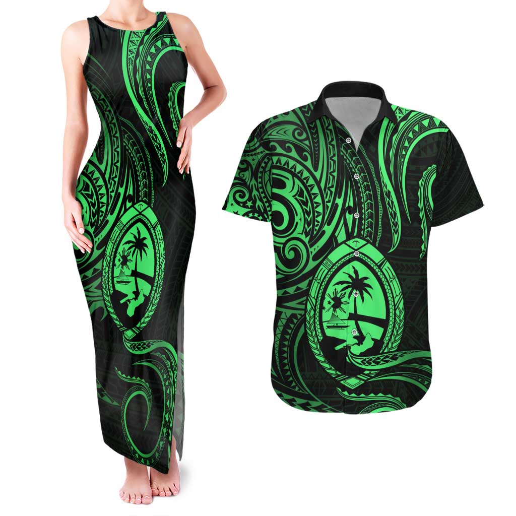 Polynesian Guam Coat of Arms Couples Matching Tank Maxi Dress and Hawaiian Shirt Polynesian Tribal Tattoo Green Version