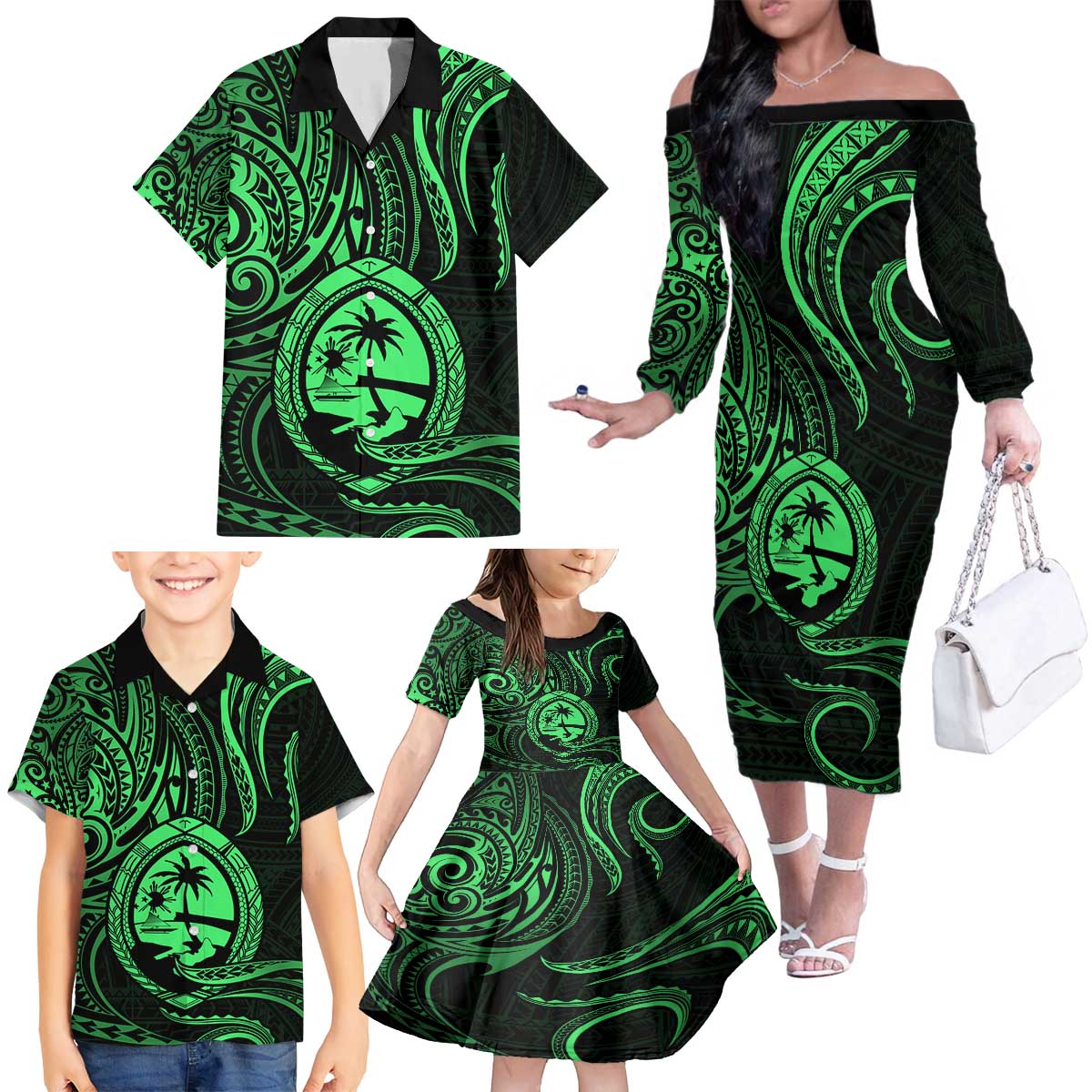 Polynesian Guam Coat of Arms Family Matching Off The Shoulder Long Sleeve Dress and Hawaiian Shirt Polynesian Tribal Tattoo Green Version