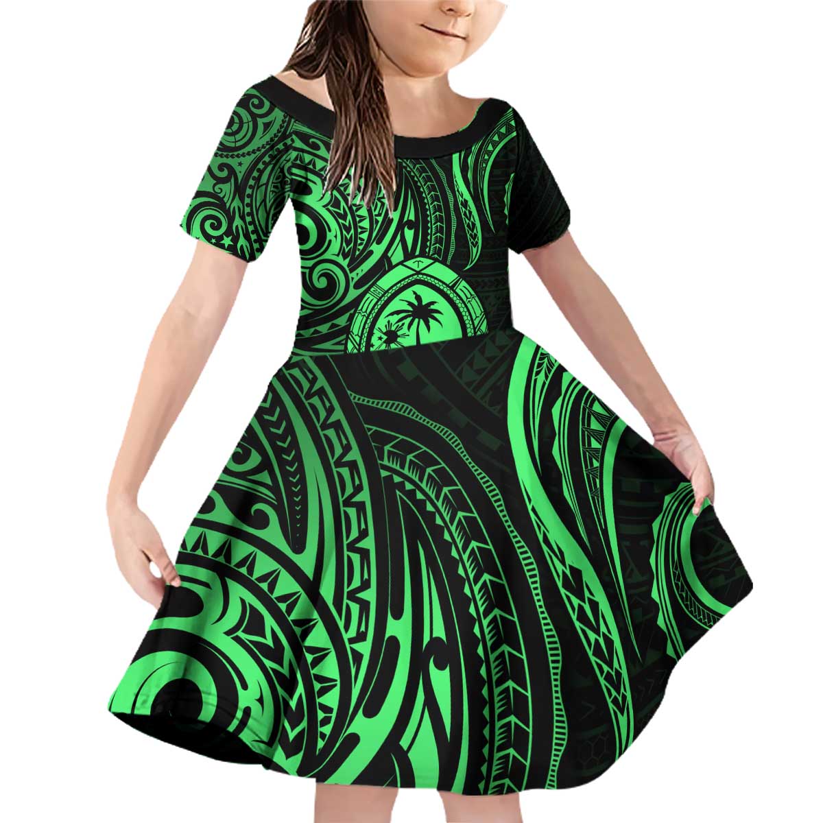 Polynesian Guam Coat of Arms Family Matching Off Shoulder Short Dress and Hawaiian Shirt Polynesian Tribal Tattoo Green Version