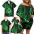 Polynesian Guam Coat of Arms Family Matching Off Shoulder Short Dress and Hawaiian Shirt Polynesian Tribal Tattoo Green Version