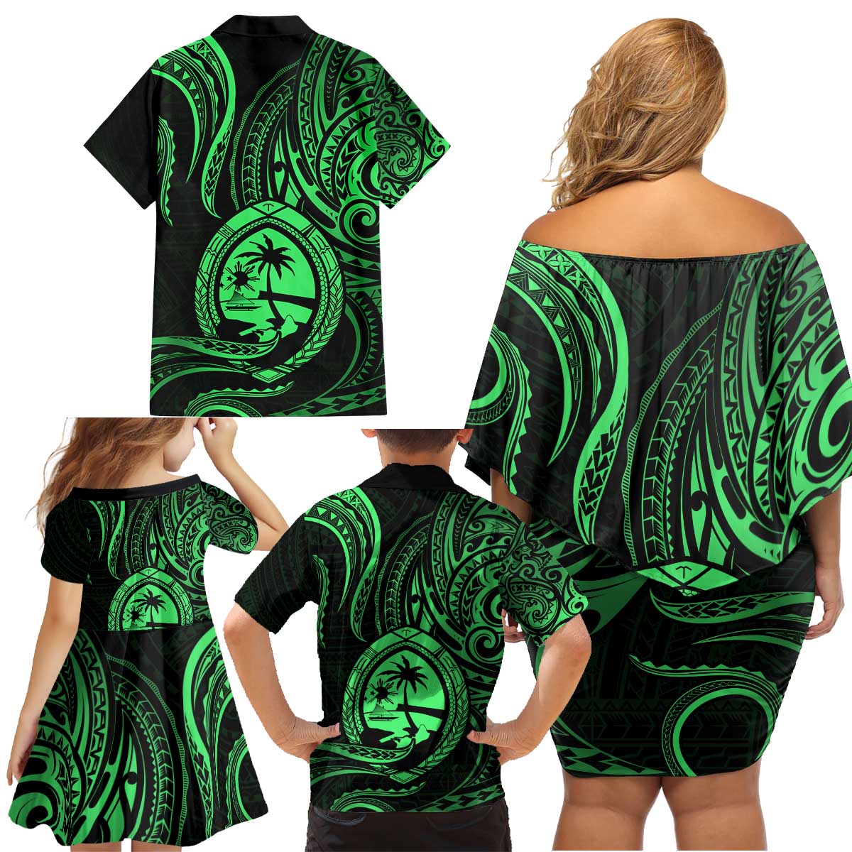 Polynesian Guam Coat of Arms Family Matching Off Shoulder Short Dress and Hawaiian Shirt Polynesian Tribal Tattoo Green Version