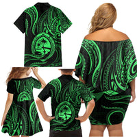 Polynesian Guam Coat of Arms Family Matching Off Shoulder Short Dress and Hawaiian Shirt Polynesian Tribal Tattoo Green Version