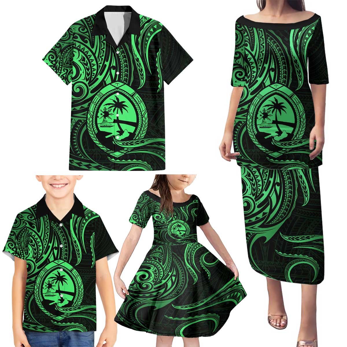 Polynesian Guam Coat of Arms Family Matching Puletasi and Hawaiian Shirt Polynesian Tribal Tattoo Green Version LT9 - Polynesian Pride