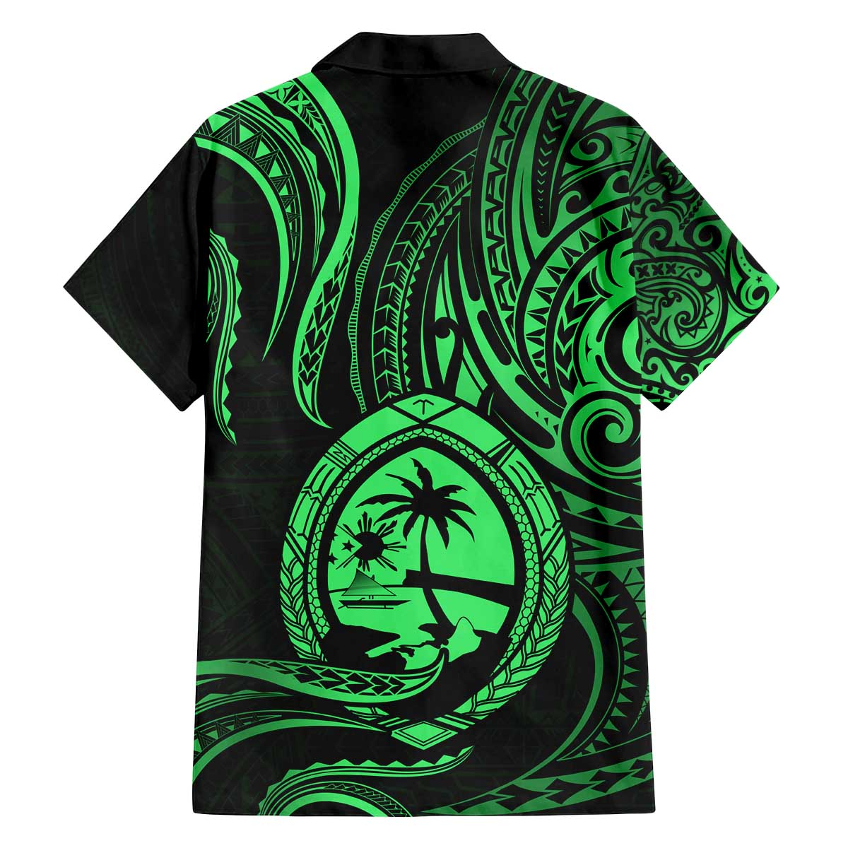 Polynesian Guam Coat of Arms Family Matching Puletasi and Hawaiian Shirt Polynesian Tribal Tattoo Green Version