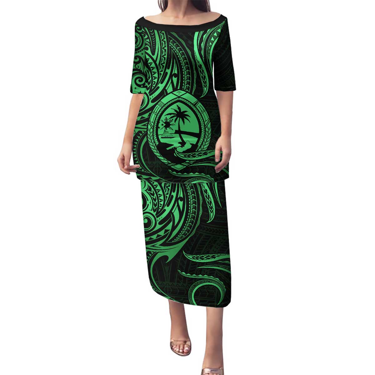 Polynesian Guam Coat of Arms Family Matching Puletasi and Hawaiian Shirt Polynesian Tribal Tattoo Green Version