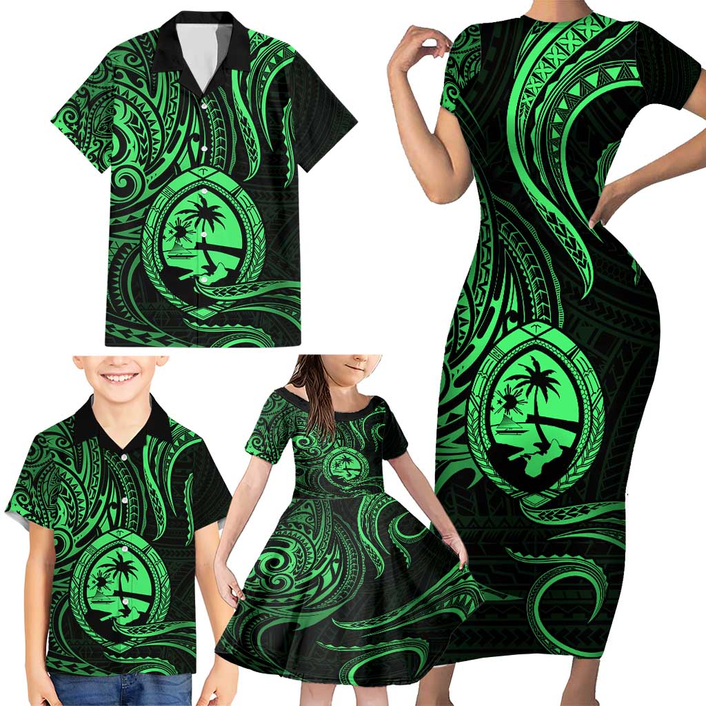Polynesian Guam Coat of Arms Family Matching Short Sleeve Bodycon Dress and Hawaiian Shirt Polynesian Tribal Tattoo Green Version LT9 - Polynesian Pride