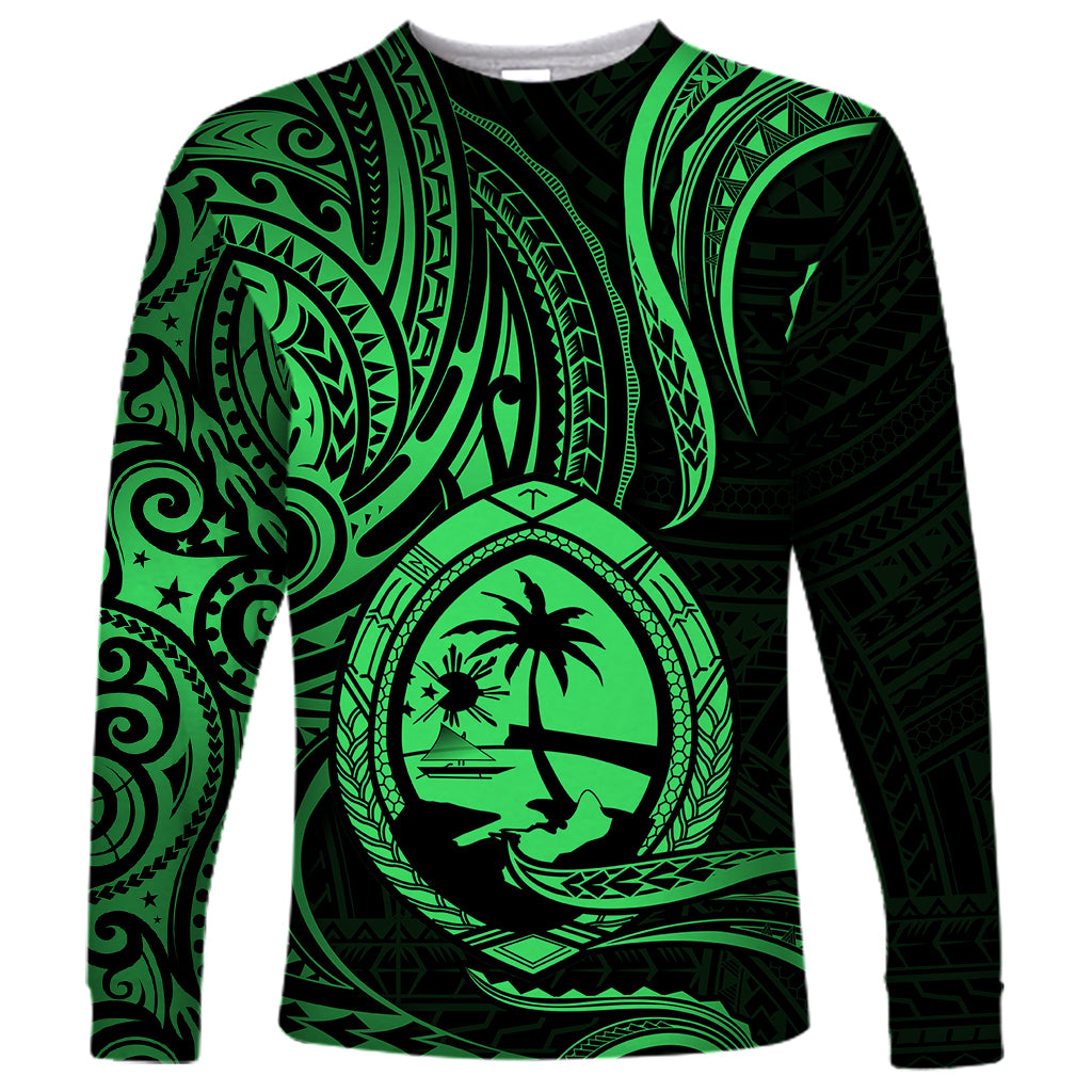 Polynesian Pride Guam Long Sleeve Shirt With Polynesian Tribal Tattoo and Coat of Arms Green Version LT9 Unisex Green - Polynesian Pride