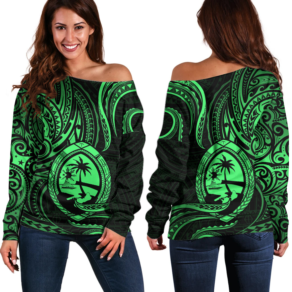 Polynesian Pride Guam Off Shoulder Sweater With Polynesian Tribal Tattoo and Coat of Arms Green Version LT9 Women Green - Polynesian Pride