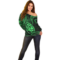 Polynesian Pride Guam Off Shoulder Sweater With Polynesian Tribal Tattoo and Coat of Arms Green Version LT9 - Polynesian Pride