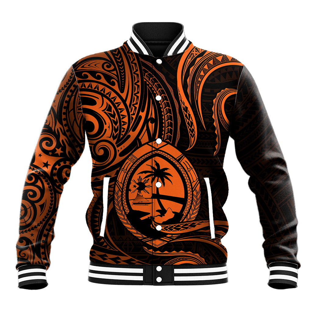 Polynesian Pride Guam Baseball Jacket With Polynesian Tribal Tattoo and Coat of Arms Orange Version LT9 Unisex Orange - Polynesian Pride