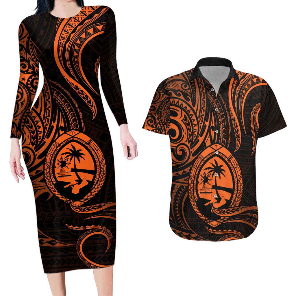 Polynesian Guam Coat of Arms Couples Matching Long Sleeve Bodycon Dress and Hawaiian Shirt Polynesian Tribal Tattoo Orange Version