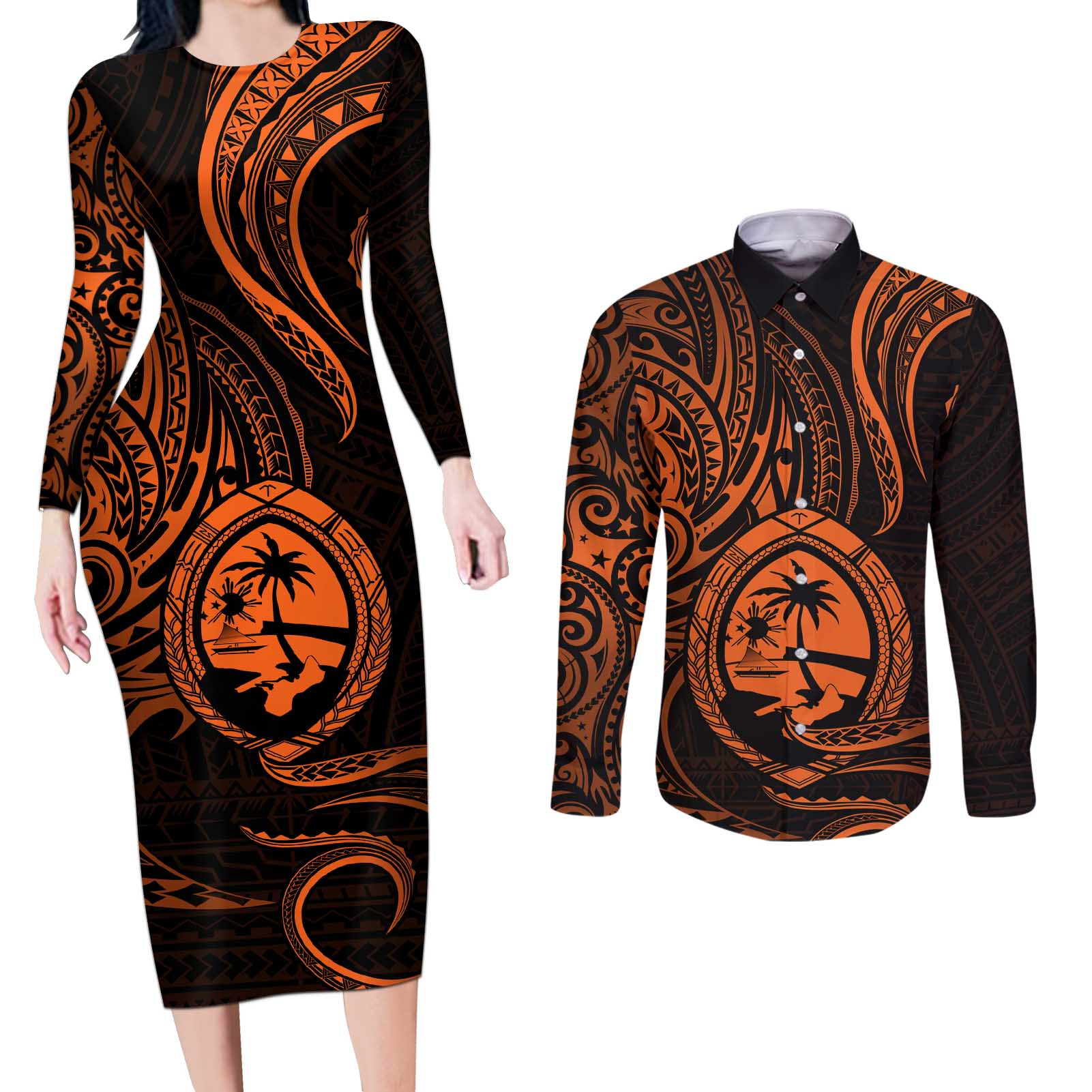 Polynesian Guam Coat of Arms Couples Matching Long Sleeve Bodycon Dress and Long Sleeve Button Shirt Polynesian Tribal Tattoo Orange Version