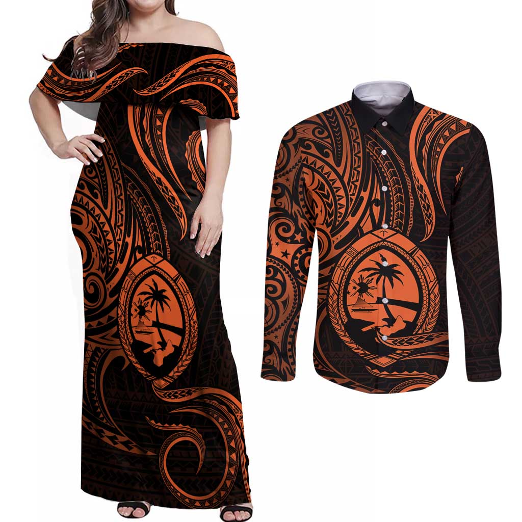 Polynesian Guam Coat of Arms Couples Matching Off Shoulder Maxi Dress and Long Sleeve Button Shirt Polynesian Tribal Tattoo Orange Version