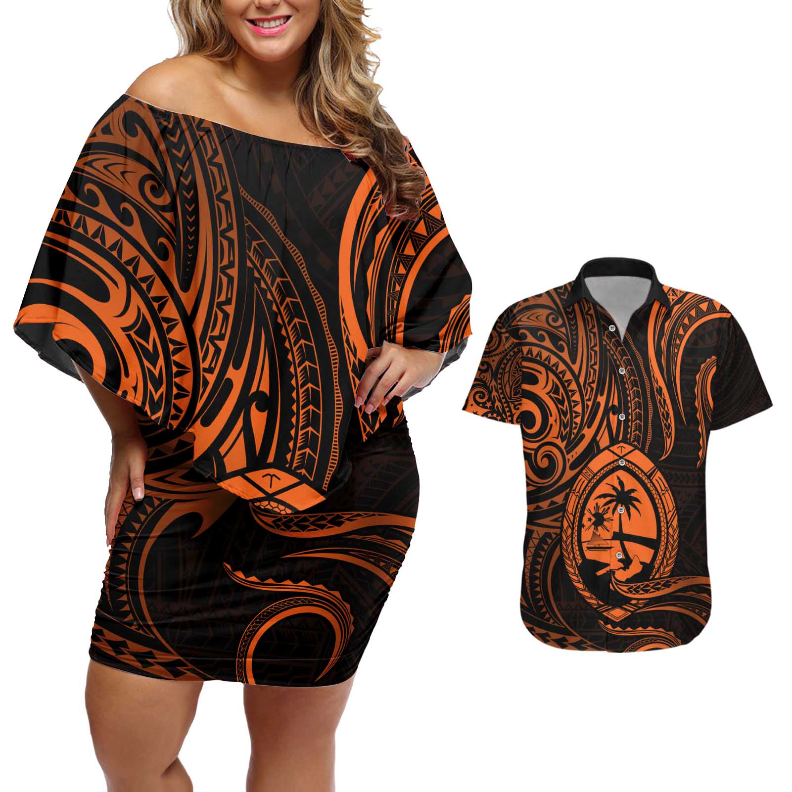 Polynesian Guam Coat of Arms Couples Matching Off Shoulder Short Dress and Hawaiian Shirt Polynesian Tribal Tattoo Orange Version