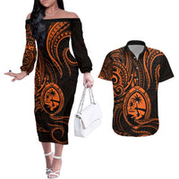 Polynesian Guam Coat of Arms Couples Matching Off The Shoulder Long Sleeve Dress and Hawaiian Shirt Polynesian Tribal Tattoo Orange Version