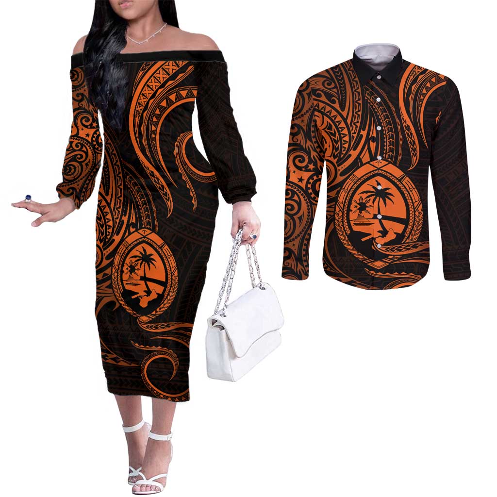 Polynesian Guam Coat of Arms Couples Matching Off The Shoulder Long Sleeve Dress and Long Sleeve Button Shirt Polynesian Tribal Tattoo Orange Version LT9 Orange - Polynesian Pride