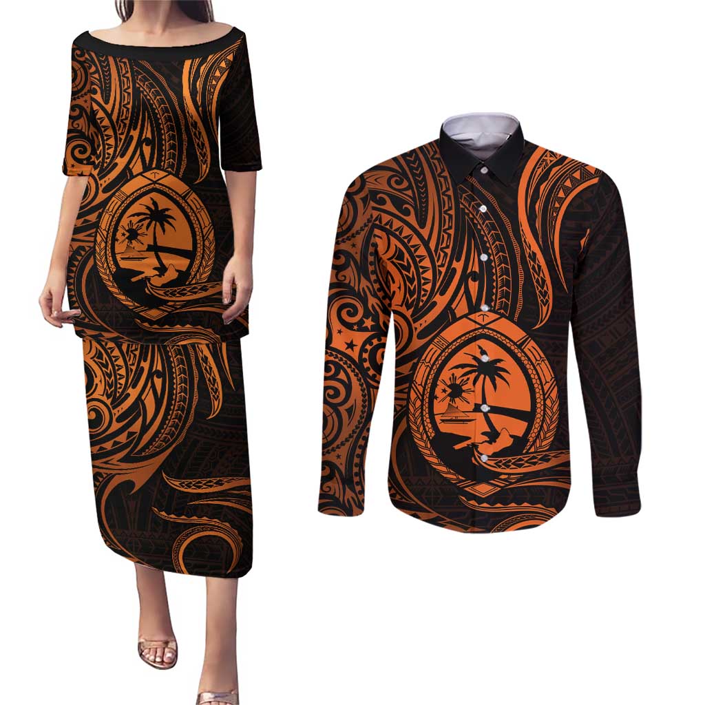 Polynesian Guam Coat of Arms Couples Matching Puletasi and Long Sleeve Button Shirt Polynesian Tribal Tattoo Orange Version