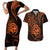 Polynesian Guam Coat of Arms Couples Matching Short Sleeve Bodycon Dress and Hawaiian Shirt Polynesian Tribal Tattoo Orange Version